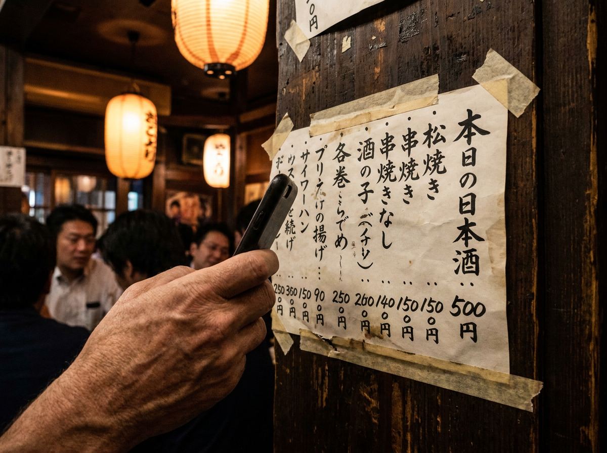 A traveller holds a phone up to a handwritten Japanese drinks menu taped to a wooden wall in a lantern-lit Tokyo izakaya